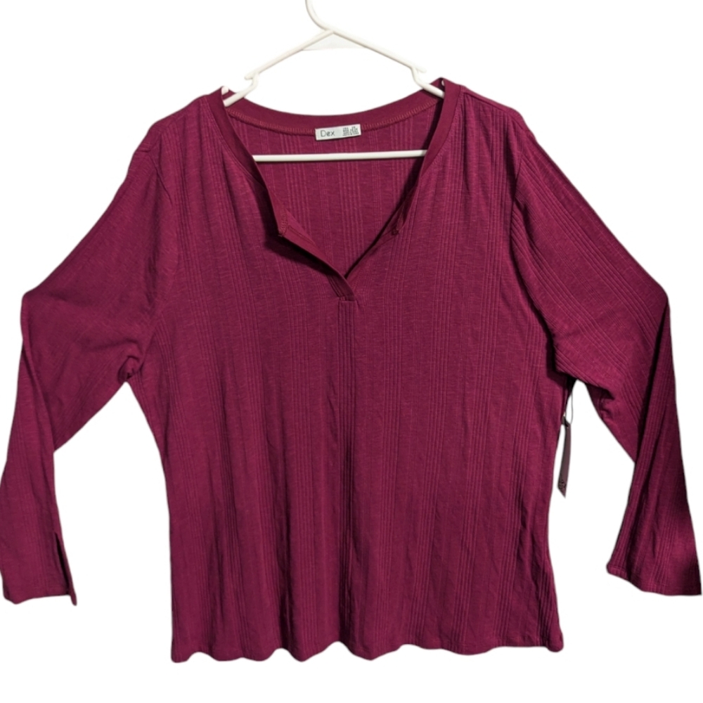 Dex Women's V Neck Long Sleeve Ribbed Top 2X burgundy relaxed fit w-213